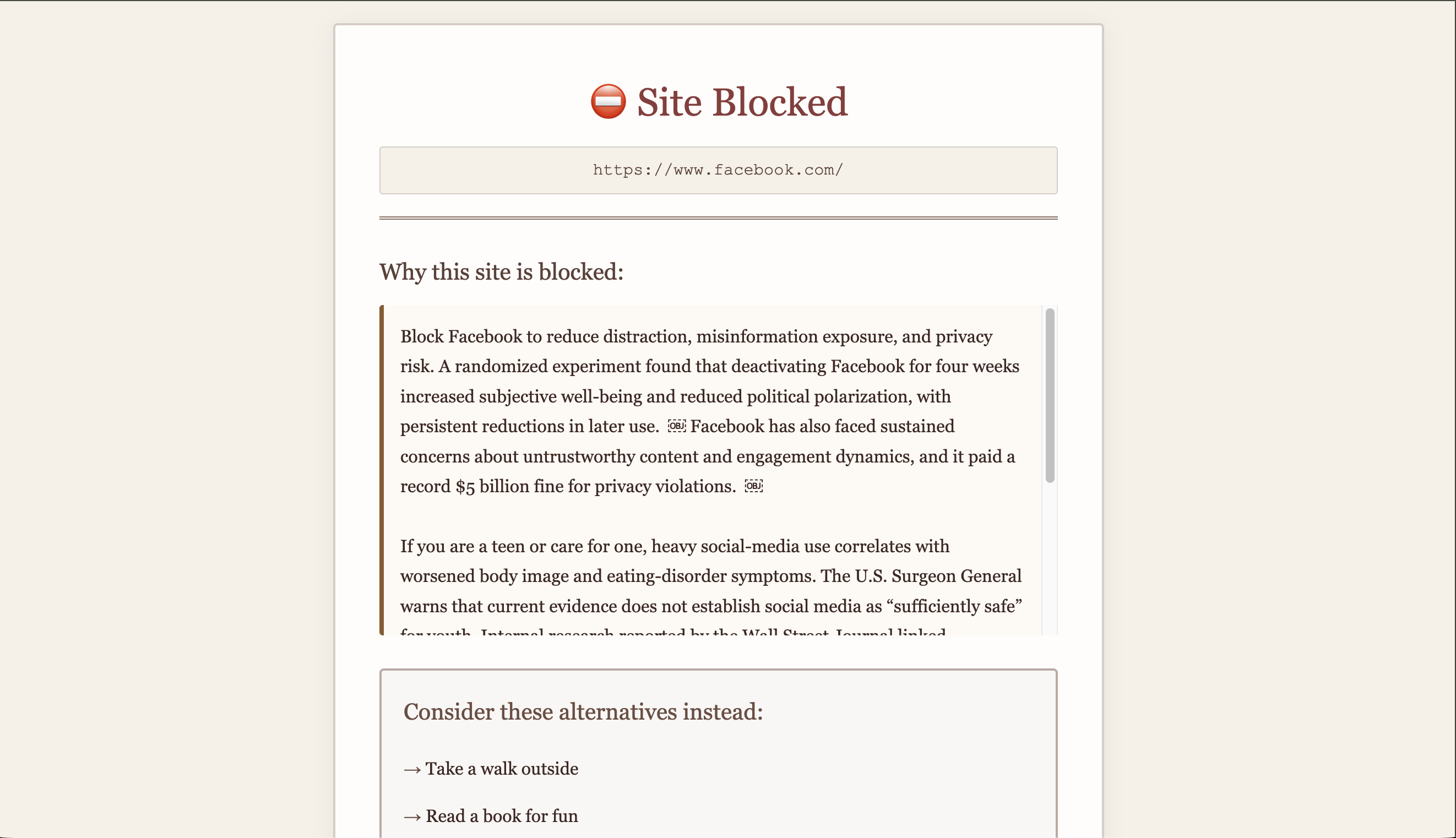Intentional Internet dashboard showing focused browsing windows and a quick allowance prompt