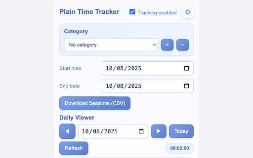 Plain Time Tracker interface showing category and daily viewer controls
