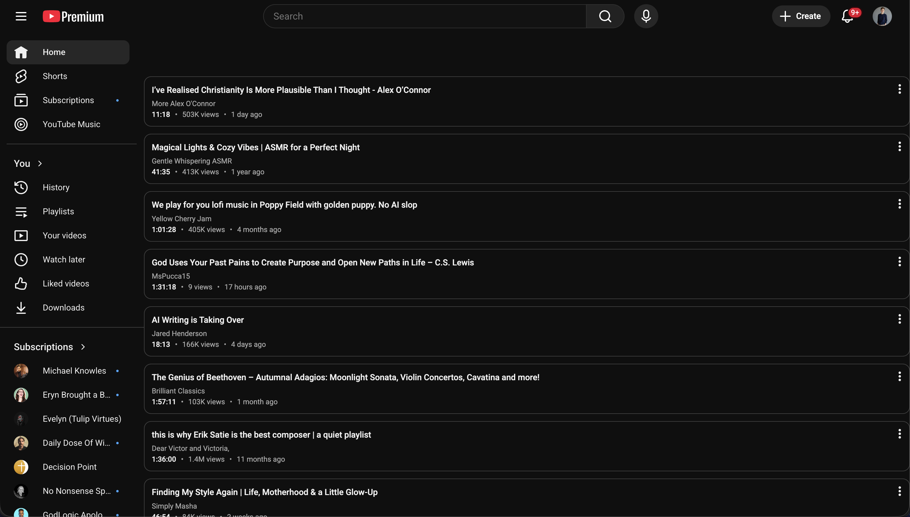 YouTube List View extension rendering the YouTube home feed as a text-based list
